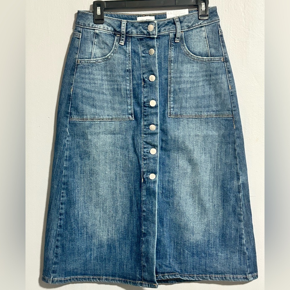 Blue Denim Button Down High Rise A-Line Skirt w/ pockets - Picture 1 of 10